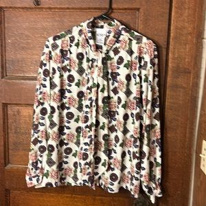 Vintage Koret Patterned Polyester Blouse w/Tie sz 10